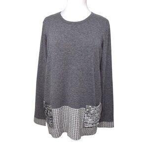 Renuar Heather Gray Sequin Pocket Round Neck Sweater in Size Large NWT